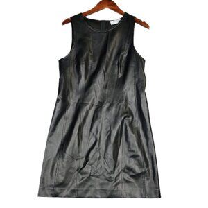 M.M.Lafleur Mini Dress Womens 10 Black Faux Leather Sleeveless Minimalist Preppy